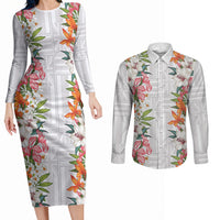 Hawaii Tropical Twist Lei Couples Matching Long Sleeve Bodycon Dress and Long Sleeve Button Shirt Hawaiian Flag Motif LT9 White - Polynesian Pride