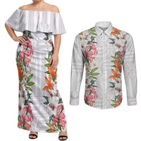 Hawaii Tropical Twist Lei Couples Matching Off Shoulder Maxi Dress and Long Sleeve Button Shirt Hawaiian Flag Motif LT9 White - Polynesian Pride