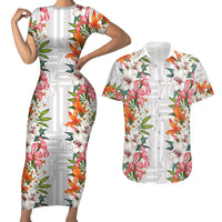 Hawaii Tropical Twist Lei Couples Matching Short Sleeve Bodycon Dress and Hawaiian Shirt Hawaiian Flag Motif LT9 White - Polynesian Pride