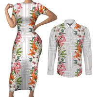 Hawaii Tropical Twist Lei Couples Matching Short Sleeve Bodycon Dress and Long Sleeve Button Shirt Hawaiian Flag Motif