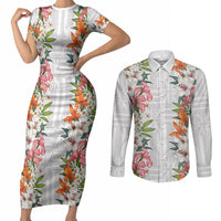 Hawaii Tropical Twist Lei Couples Matching Short Sleeve Bodycon Dress and Long Sleeve Button Shirt Hawaiian Flag Motif LT9 White - Polynesian Pride