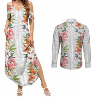 Hawaii Tropical Twist Lei Couples Matching Summer Maxi Dress and Long Sleeve Button Shirt Hawaiian Flag Motif LT9 White - Polynesian Pride