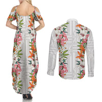 Hawaii Tropical Twist Lei Couples Matching Summer Maxi Dress and Long Sleeve Button Shirt Hawaiian Flag Motif LT9 - Polynesian Pride