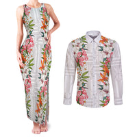 Hawaii Tropical Twist Lei Couples Matching Tank Maxi Dress and Long Sleeve Button Shirt Hawaiian Flag Motif LT9 White - Polynesian Pride