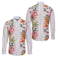 Hawaii Tropical Twist Lei Family Matching Mermaid Dress and Hawaiian Shirt Hawaiian Flag Motif LT9 Dad's Shirt - Long Sleeve White - Polynesian Pride