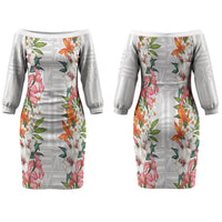 Hawaii Tropical Twist Lei Family Matching Off The Shoulder Long Sleeve Dress and Hawaiian Shirt Hawaiian Flag Motif LT9 Mom's Dress White - Polynesian Pride