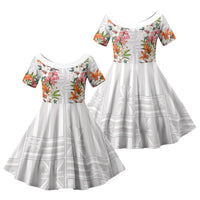 Hawaii Tropical Twist Lei Family Matching Off The Shoulder Long Sleeve Dress and Hawaiian Shirt Hawaiian Flag Motif LT9 Daughter's Dress White - Polynesian Pride