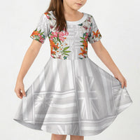 Hawaii Tropical Twist Lei Kid Short Sleeve Dress Hawaiian Flag Motif LT9 KID White - Polynesian Pride