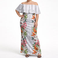 Hawaii Tropical Twist Lei Off Shoulder Maxi Dress Hawaiian Flag Motif LT9 Women White - Polynesian Pride