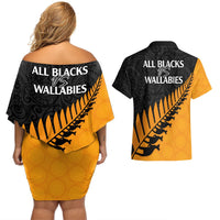 Australia Wallabies and Aotearoa Rugby Couples Matching Off Shoulder Short Dress and Hawaiian Shirt Kangaroo Black Fern Maori Gold Vibe LT9 - Polynesian Pride