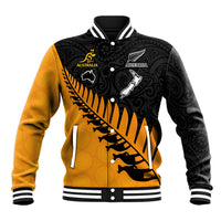 Custom Australia Wallabies and Aotearoa Rugby Baseball Jacket Kangaroo Black Fern Maori Gold Vibe LT9 Unisex Gold - Polynesian Pride