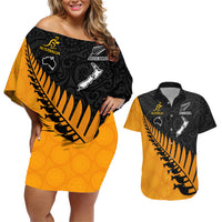 Custom Australia Wallabies and Aotearoa Rugby Couples Matching Off Shoulder Short Dress and Hawaiian Shirt Kangaroo Black Fern Maori Gold Vibe LT9 Gold - Polynesian Pride