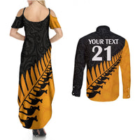 Custom Australia Wallabies and Aotearoa Rugby Couples Matching Summer Maxi Dress and Long Sleeve Button Shirts Kangaroo Black Fern Maori Gold Vibe LT9 - Polynesian Pride