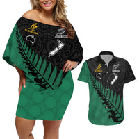 Australia Wallabies and Aotearoa Rugby Couples Matching Off Shoulder Short Dress and Hawaiian Shirt Kangaroo Black Fern Maori Green Vibe LT9 Green - Polynesian Pride