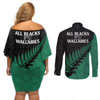 Australia Wallabies and Aotearoa Rugby Couples Matching Off Shoulder Short Dress and Long Sleeve Button Shirts Kangaroo Black Fern Maori Green Vibe LT9 - Polynesian Pride