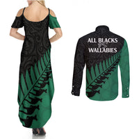 Australia Wallabies and Aotearoa Rugby Couples Matching Summer Maxi Dress and Long Sleeve Button Shirts Kangaroo Black Fern Maori Green Vibe LT9 - Polynesian Pride
