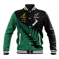 Custom Australia Wallabies and Aotearoa Rugby Baseball Jacket Kangaroo Black Fern Maori Green Vibe LT9 Unisex Green - Polynesian Pride