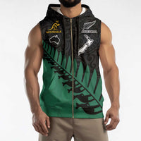 Australia New Zealand Rugby Sleeveless Zip Hoodie Green Aboriginal Wallabies and Maori Black Fern LT9