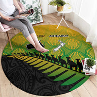 Australia New Zealand Rugby Round Carpet Gradient Aboriginal Wallabies and Maori Black Fern - Polynesian Pride