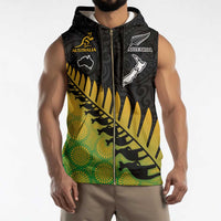 Australia New Zealand Rugby Sleeveless Zip Hoodie Gradient Aboriginal Wallabies and Maori Black Fern - Polynesian Pride