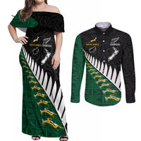 South Africa and Aotearoa Rugby Couples Matching Off Shoulder Maxi Dress and Long Sleeve Button Shirts Springboks Black Fern Maori Vibe LT9 Black - Polynesian Pride