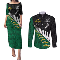 South Africa and Aotearoa Rugby Couples Matching Puletasi Dress and Long Sleeve Button Shirts Springboks Black Fern Maori Vibe LT9 Black - Polynesian Pride