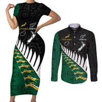 South Africa and Aotearoa Rugby Couples Matching Short Sleeve Bodycon Dress and Long Sleeve Button Shirts Springboks Black Fern Maori Vibe LT9 Black - Polynesian Pride
