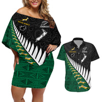 Custom South Africa and Aotearoa Rugby Couples Matching Off Shoulder Short Dress and Hawaiian Shirt Springboks Black Fern Maori Vibe LT9 Black - Polynesian Pride