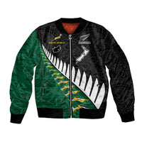 Custom South Africa and Aotearoa Rugby Sleeve Zip Bomber Jacket Springboks Black Fern Maori Vibe LT9 Unisex Black - Polynesian Pride