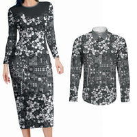 Black Hawaiian Tapa Tribal Hibiscus Couples Matching Long Sleeve Bodycon Dress and Long Sleeve Button Shirt LT9 Black - Polynesian Pride