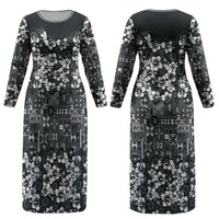 Black Hawaiian Tapa Tribal Hibiscus Couples Matching Long Sleeve Bodycon Dress and Long Sleeve Button Shirt LT9 - Polynesian Pride