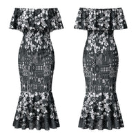 Black Hawaiian Tapa Tribal Hibiscus Couples Matching Mermaid Dress and Long Sleeve Button Shirt