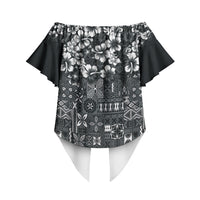Black Hawaiian Tapa Tribal Hibiscus Off Shoulder Wrap Waist Top LT9 - Polynesian Pride