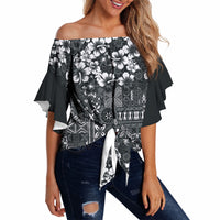 Black Hawaiian Tapa Tribal Hibiscus Off Shoulder Wrap Waist Top LT9 - Polynesian Pride