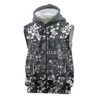 Black Hawaiian Tapa Tribal Hibiscus Sleeveless Zip Hoodie
