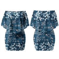 Blue Hawaiian Tapa Tribal Hibiscus Couples Matching Off Shoulder Short Dress and Long Sleeve Button Shirt