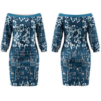 Blue Hawaiian Tapa Tribal Hibiscus Couples Matching Off The Shoulder Long Sleeve Dress and Hawaiian Shirt LT9 - Polynesian Pride