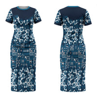 Blue Hawaiian Tapa Tribal Hibiscus Couples Matching Short Sleeve Bodycon Dress and Hawaiian Shirt LT9 - Polynesian Pride