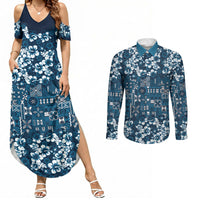 Blue Hawaiian Tapa Tribal Hibiscus Couples Matching Summer Maxi Dress and Long Sleeve Button Shirt LT9 Blue - Polynesian Pride