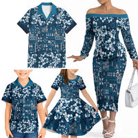 Blue Hawaiian Tapa Tribal Hibiscus Family Matching Off The Shoulder Long Sleeve Dress and Hawaiian Shirt