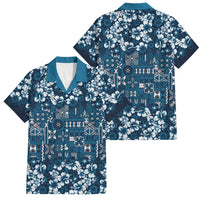 Blue Hawaiian Tapa Tribal Hibiscus Family Matching Puletasi and Hawaiian Shirt LT9 Dad's Shirt - Short Sleeve Blue - Polynesian Pride
