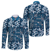 Blue Hawaiian Tapa Tribal Hibiscus Family Matching Puletasi and Hawaiian Shirt LT9 Dad's Shirt - Long Sleeve Blue - Polynesian Pride