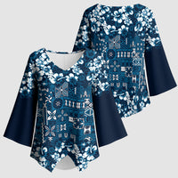 Blue Hawaiian Tapa Tribal Hibiscus Kimono Sleeve Blouse LT9 - Polynesian Pride