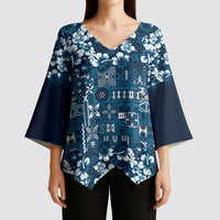Blue Hawaiian Tapa Tribal Hibiscus Kimono Sleeve Blouse LT9 - Polynesian Pride