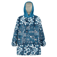 Blue Hawaiian Tapa Tribal Hibiscus Wearable Blanket Hoodie