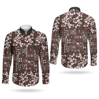 Burgundy Hawaiian Tapa Tribal Hibiscus Couples Matching Off Shoulder Maxi Dress and Long Sleeve Button Shirt LT9 - Polynesian Pride