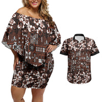Burgundy Hawaiian Tapa Tribal Hibiscus Couples Matching Off Shoulder Short Dress and Hawaiian Shirt LT9 Burgundy - Polynesian Pride