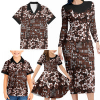 Burgundy Hawaiian Tapa Tribal Hibiscus Family Matching Long Sleeve Bodycon Dress and Hawaiian Shirt LT9 - Polynesian Pride