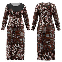 Burgundy Hawaiian Tapa Tribal Hibiscus Family Matching Long Sleeve Bodycon Dress and Hawaiian Shirt LT9 Mom's Dress Burgundy - Polynesian Pride