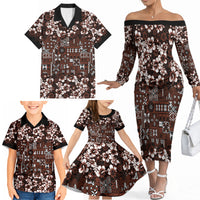Burgundy Hawaiian Tapa Tribal Hibiscus Family Matching Off The Shoulder Long Sleeve Dress and Hawaiian Shirt LT9 - Polynesian Pride